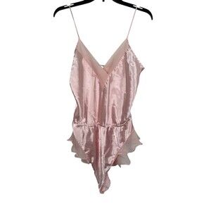 Victoria Secret Pink Satin Teddy Lingerie M VTG Gold Label Ruffle Trim Bodysuit